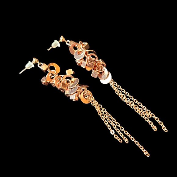 Copper-Tone Dangle Earrings Geometric Clusters Rhinestone Studs & Chain Tassels - Picture 4 of 4